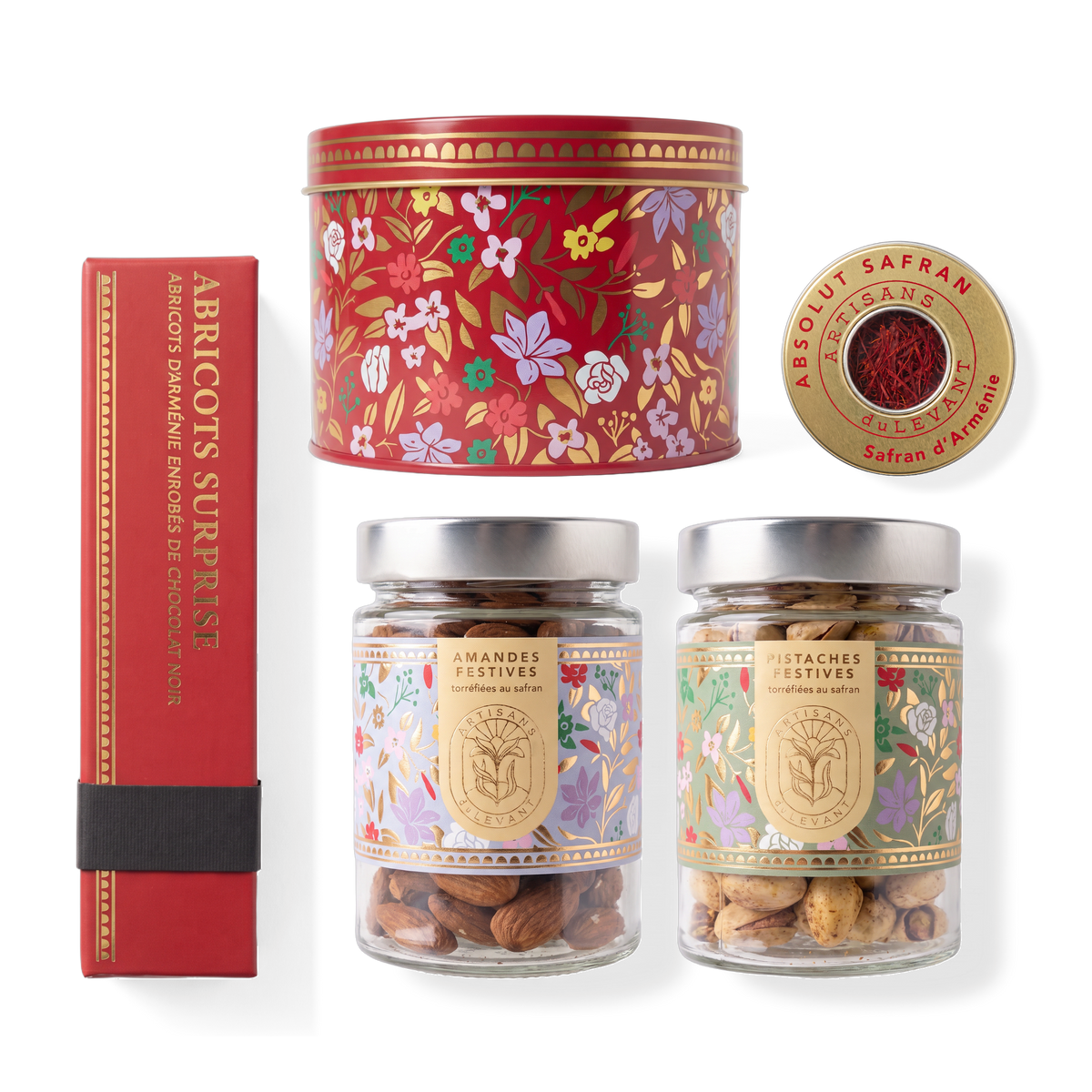 Coffret Prestige Le Rouge – L'Or Rouge, Abricots Surprise, Absolut Safran, Amandes et Pistaches Festives
